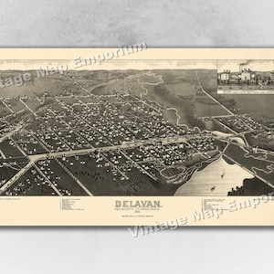 1884 Delavan, Wisconsin Map - Panoramic Old City Map - Historic Birds Eye View Vintage Map Art Print