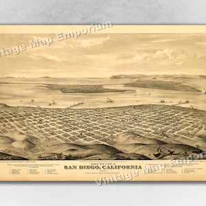 1876 San Diego, California Old Panoramic City Map - Historic Birds Eye View Vintage Map Art Print