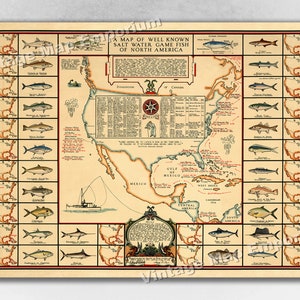 1936 A Map of Well Known Salt Water Game Fish of North America - Salt Water Fishing Art Print Poster Wall Map