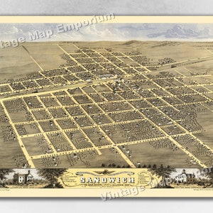 1869 Sandwich, Illinois Map - Panoramic Old City Map - Historic Birds Eye View Vintage Map Art Print
