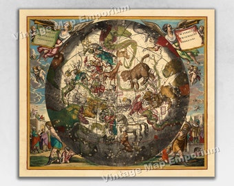 Puede incluir: Un mapa celeste vintage que representa las constelaciones del hemisferio norte. El mapa está rodeado por un borde de ángeles y querubines, y las constelaciones se representan en un estilo detallado e intrincado. El mapa está impreso en papel color crema y tiene un aspecto descolorido y antiguo.