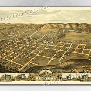 1870 Decorah, Iowa Map - Panoramic Old City Map - Historic Birds Eye View Vintage Map Art Print