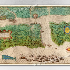 May include: An antique map depicting a naval battle scene. The map shows a coastline with a body of water and ships in formation. The map is hand-drawn and features intricate details, including a large fish and a sun symbol.