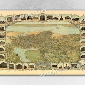 1899 Oakland, California Old Panoramic City Map - Historic Birds Eye View Vintage Map Art Print