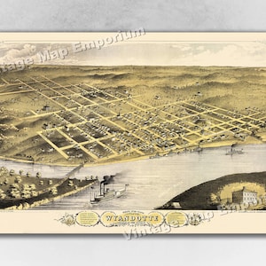 1869 Wyandotte, Kansas Map - Panoramic Old City Map - Historic Birds Eye View Vintage Map Art Print