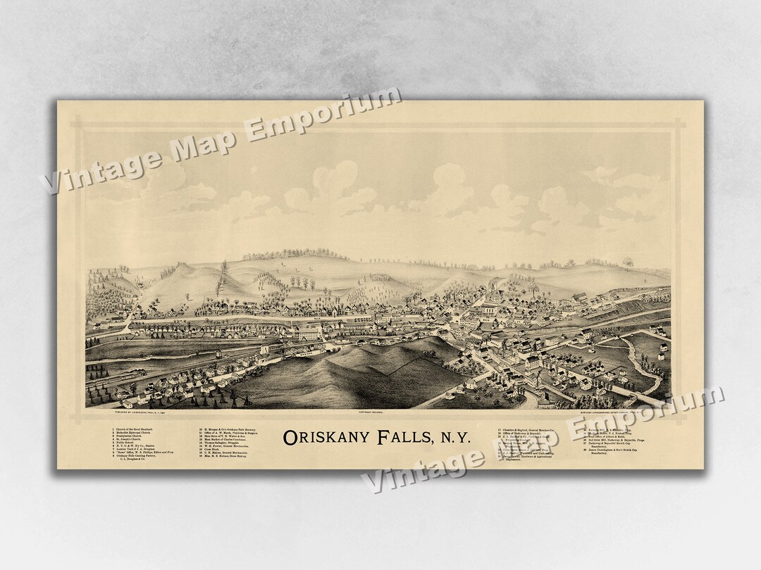 1891 Oriskany Falls, New York Map Panoramic Old City Map Historic Birds