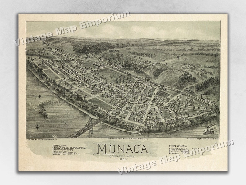 1900 Monaca, Pennsylvania Map - Panoramic Old City Map - Historic Birds ...