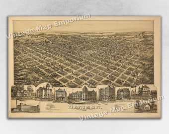 1891 Denison, Texas Map - Panoramic Old City Map - Historic Birds Eye View Vintage Map Art Print