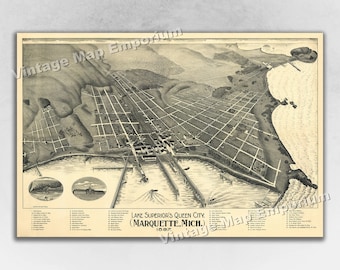 1897 Marquette, Michigan Map - Panoramic Old City Map - Historic Birds Eye View Vintage Map Art Print