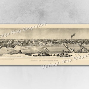 1873 Minneapolis, Minnesota Map - Panoramic Old City Map - Historic Birds Eye View Vintage Map Art Print
