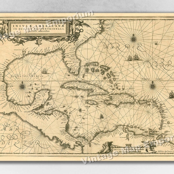 1650 Gulf of Mexico Florida Caribbean Bahamas - Insulae Americanae - Vintage Old World Nautical Wall Map Art Print Poster