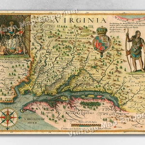 1627 Map of Virginia by John Smith Historic Vintage Style Wall Map - Art Print Poster