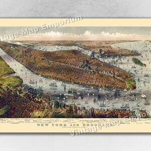 1875 New York City, New York Map - NYC Panoramic Old City Map - Historic Birds Eye View Vintage Map Art Print