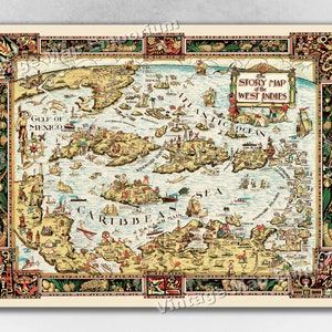 Story of the West Indies 1936 Vintage Style Caribbean Map - Vintage Wall Map Art Print Poster