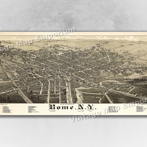 1886 Rome, New York Map - Panoramic Old City Map - Historic Birds Eye View Vintage Map Art Print