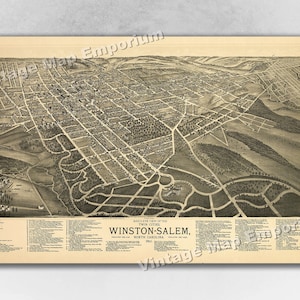 1891 Winston-Salem, North Carolina Map - Panoramic Old City Map - Historic Birds Eye View Vintage Map Art Print