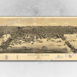 1887 Duluth, Minnesota Map - Panoramic Old City Map - Historic Birds Eye View Vintage Map Art Print