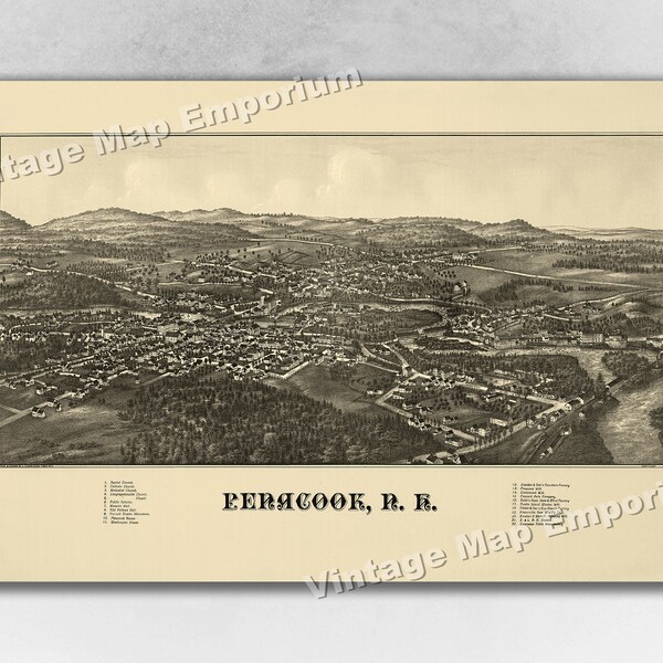 1887 Penacook, New Hampshire Map - Panoramic Old City Map - Historic Birds Eye View Vintage Map Art Print