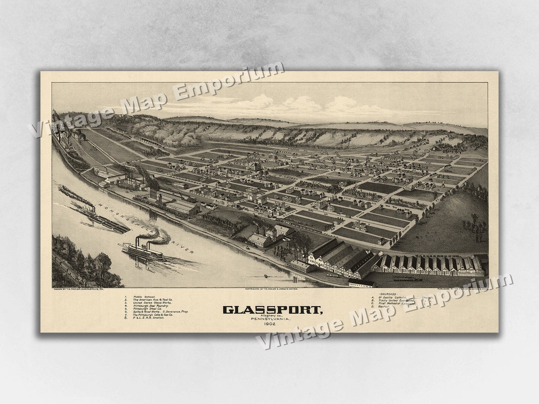 1902 Glassport, Pennsylvania Map Panoramic Old City Map Historic Birds Eye View Vintage Map Art