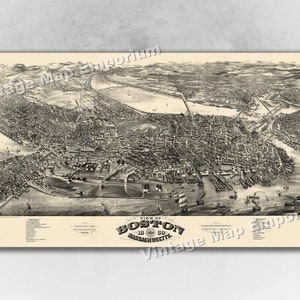 1880 Boston, Massachusetts Map - Panoramic Old City Map - Historic Birds Eye View Vintage Map Art Print