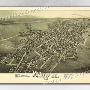 1890 Montrose, Pennsylvania Map - Panoramic Old City Map - Historic Birds Eye View Vintage Map Art Print
