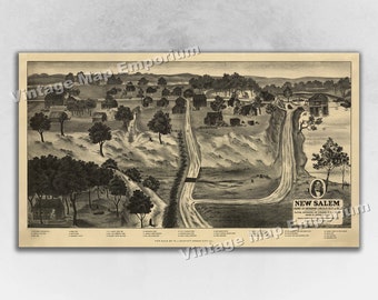 1909 New Salem, Illinois Map - Panoramic Old City Map - Historic Birds Eye View Vintage Map Art Print