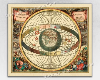 Puede incluir: Una ilustración vintage de un mapa celeste con una representación detallada de la Tierra y los cuerpos celestes que la rodean. El mapa está rodeado por un marco circular con el texto "CENOGRAPHIA MVNDANA" y "COMPAGIS BRAHEA" en latín. El mapa es un hermoso ejemplo del conocimiento astronómico y la habilidad artística de la época.
