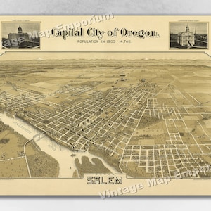 1905 Salem, Oregon Map - Panoramic Old City Map - Historic Birds Eye View Vintage Map Art Print