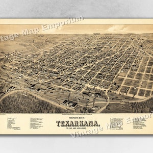 1888 Texarkana, Arkansas, Texas Old Panoramic City Map - Historic Birds Eye View Vintage Map Art Print