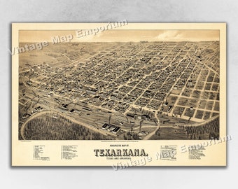 1888 Texarkana, Arkansas, Texas Old Panoramic City Map - Historic Birds Eye View Vintage Map Art Print