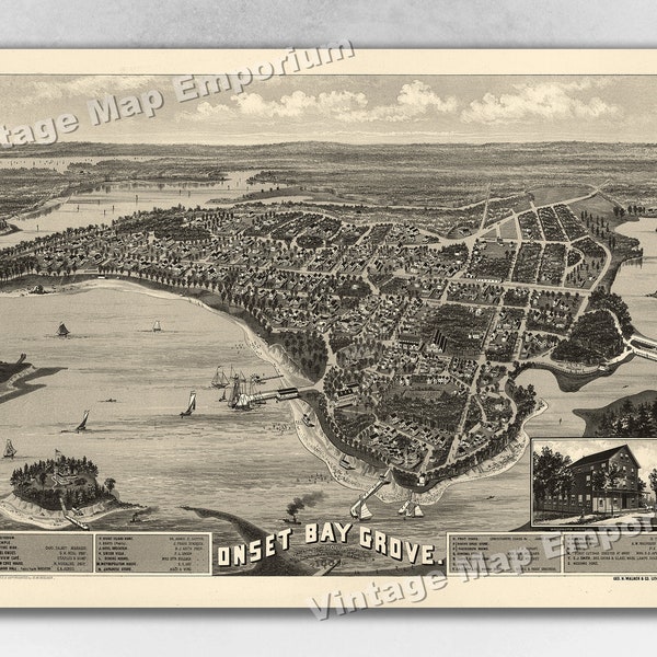 1885 Onset Bay Grove, Massachusetts Map - Panoramic Old City Map - Historic Birds Eye View Vintage Map Art Print