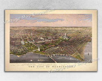 1880 Washington DC Map - Panoramic Old City Map - Historic Birds Eye View Vintage Map Art Print