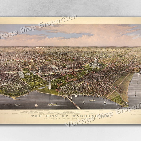 1880 Washington DC Map - Panoramic Old City Map - Historic Birds Eye View Vintage Map Art Print