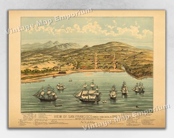 1846-47 San Francisco, California Old Panoramic City Map - Historic Birds Eye View Vintage Map Art Print