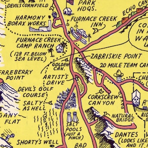 May include: A vintage yellow map of Death Valley National Park in California, USA. The map shows various points of interest, including Furnace Creek Inn, Zabriskie Point, and Dante's View. The map also includes a key with symbols for paved roads, unpaved roads, and points of interest.