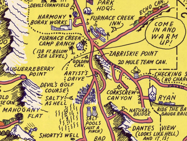 May include: A vintage yellow map of Death Valley National Park in California, USA. The map shows various points of interest, including Furnace Creek Inn, Zabriskie Point, and Dante's View. The map also includes a key with symbols for paved roads, unpaved roads, and points of interest.