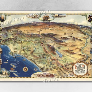 1946 Roads to Romance Southern California Old Map - Wall Map Art Print