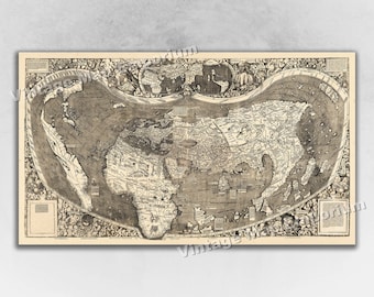 Puede incluir: Un mapa del mundo vintage impreso en blanco y negro sobre un fondo crema. El mapa tiene forma redonda y muestra los continentes del mundo. El mapa está rodeado por un borde decorativo.