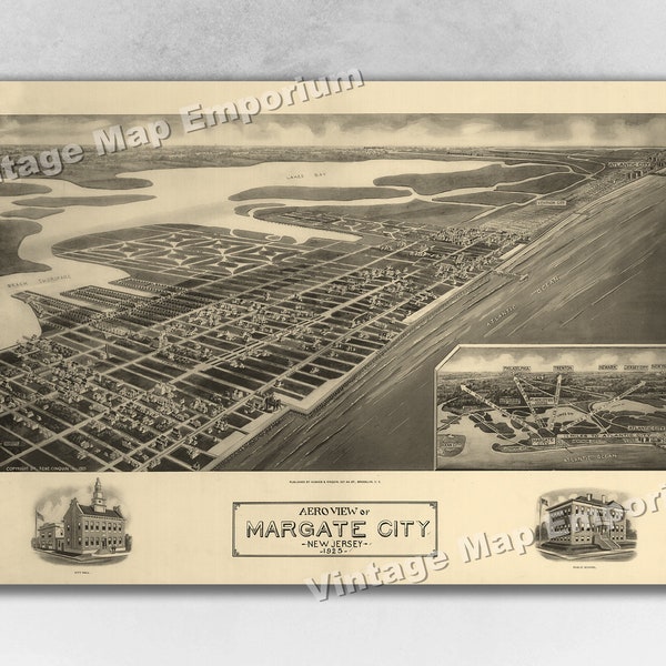 1925 Margate City, New Jersey Map - Panoramic Old City Map - Historic Birds Eye View Vintage Map Art Print