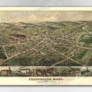 1879 Foxborough, Massachusetts Map - Panoramic Old City Map - Historic Birds Eye View Vintage Map Art Print