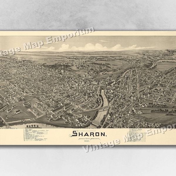 1901 Sharon, Pennsylvania Map - Panoramic Old City Map - Historic Birds Eye View Vintage Map Art Print