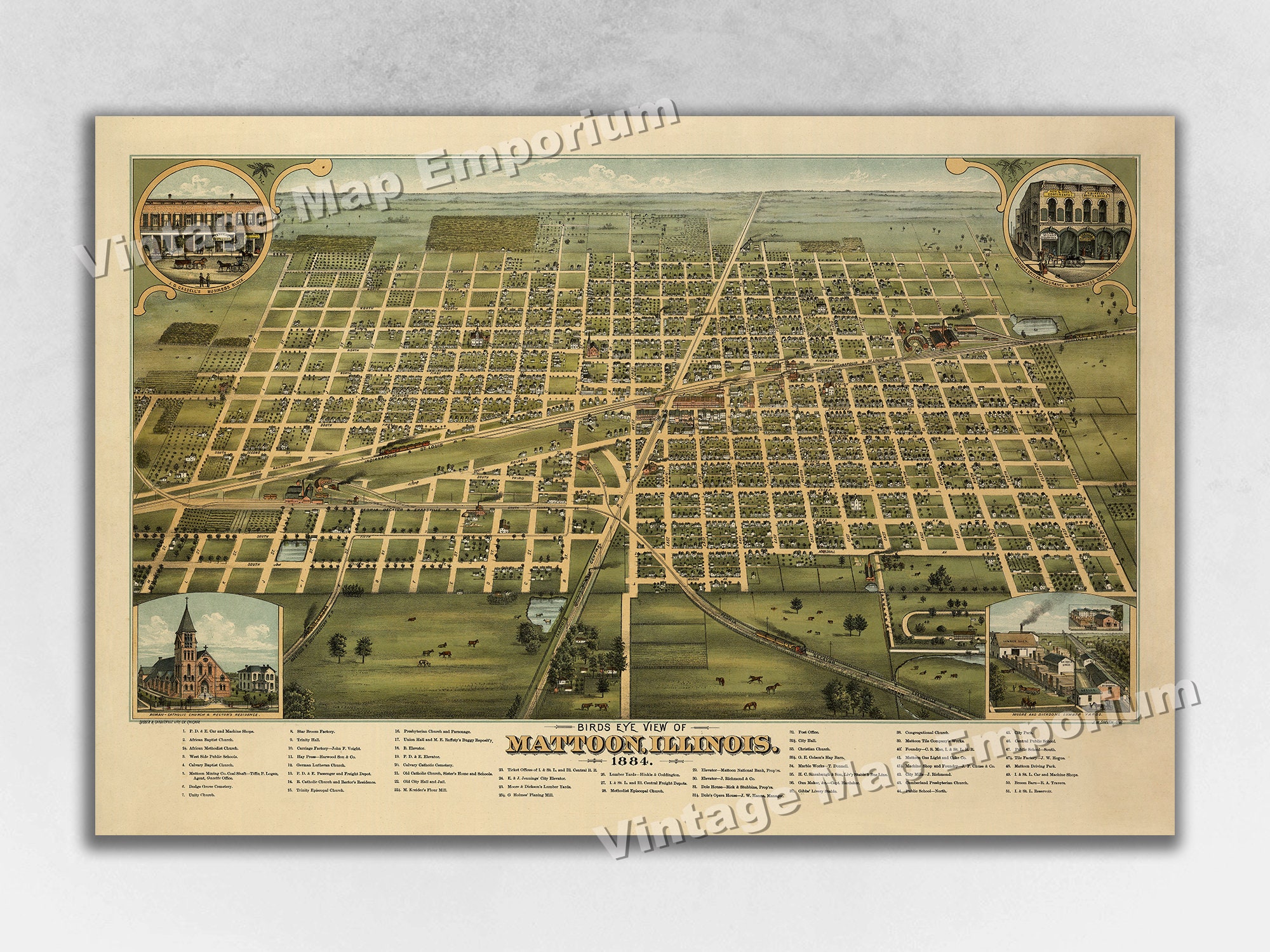 1884 Mattoon, Illinois Map - Panoramic Old City Map - Historic