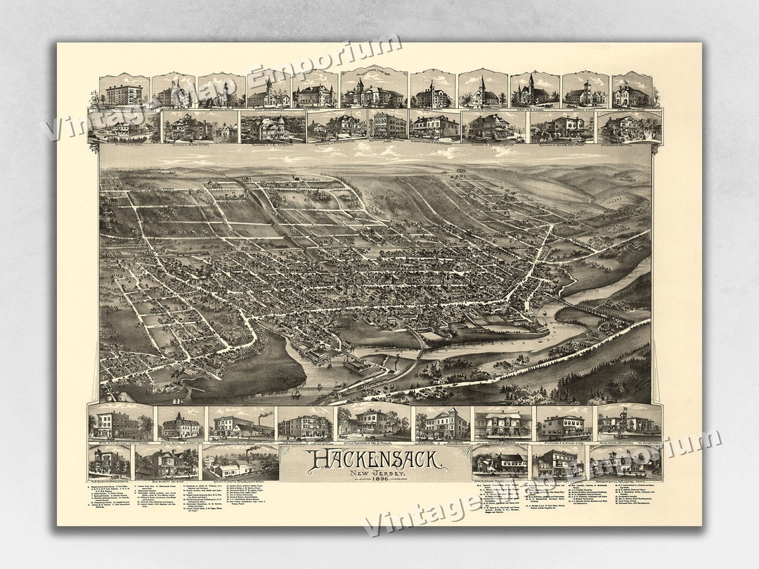 1896 Hackensack, New Jersey Map Panoramic Old City Map Historic Birds Eye View Vintage Map Art