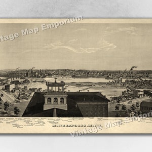 1874 Minneapolis, Minnesota Map - Panoramic Old City Map - Historic Birds Eye View Vintage Map Art Print