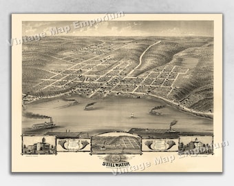 May include: A vintage black and white bird's eye view map of Stillwater, Minnesota. The map shows the city's layout with streets, buildings, and a river. The map is titled "Stillwater" and is surrounded by a decorative border.