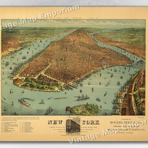 1879 New York City, New York Map - NYC Panoramic Old City Map - Historic Birds Eye View Vintage Map Art Print