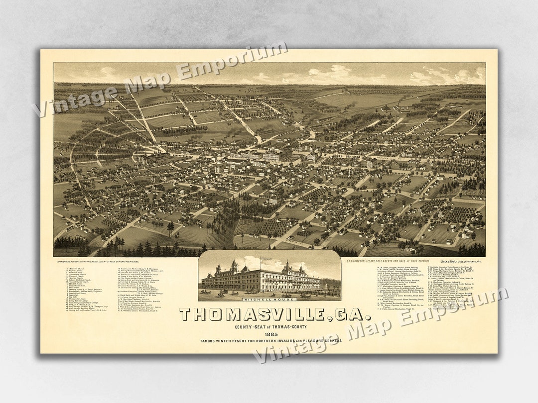 1885 Thomasville Georgia Map Panoramic Old City Map Historic Birds Il Tpga 