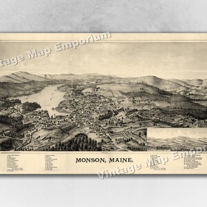1889 Monson, Maine Map - Panoramic Old City Map - Historic Birds Eye View Vintage Map Art Print