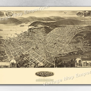 1910 Peekskill, New York Map - Panoramic Old City Map - Historic Birds Eye View Vintage Map Art Print