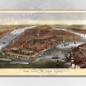 1870 New York City, New York Map - NYC Panoramic Old City Map - Historic Birds Eye View Vintage Map Art Print